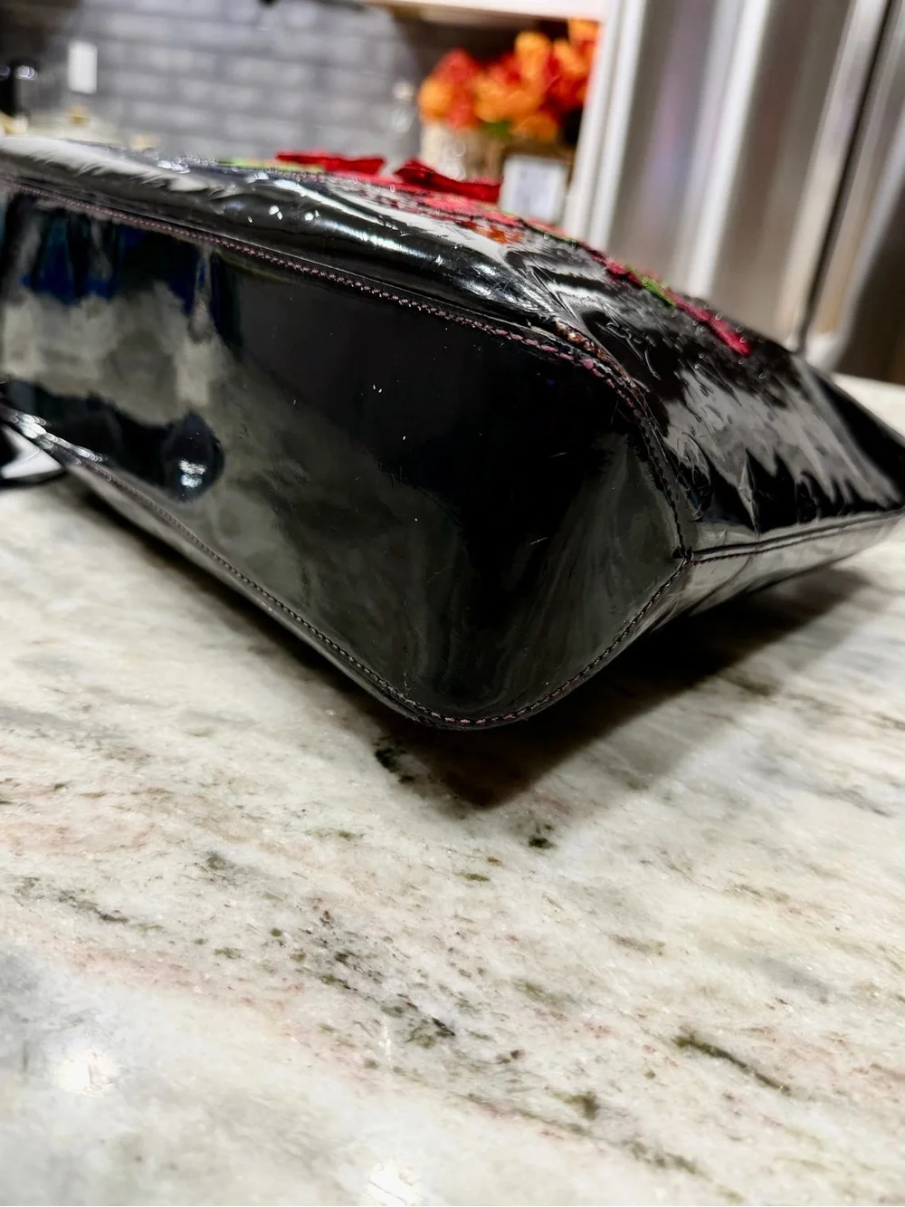 Louis Vuitton Authentic Black Vernis Leather Tote with Custom 3D Red Rose Motif